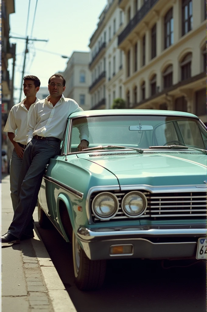 Chevrolet Opala fully visible with a 2 white-skinned man leaning against the side of it in the city of São Paulo