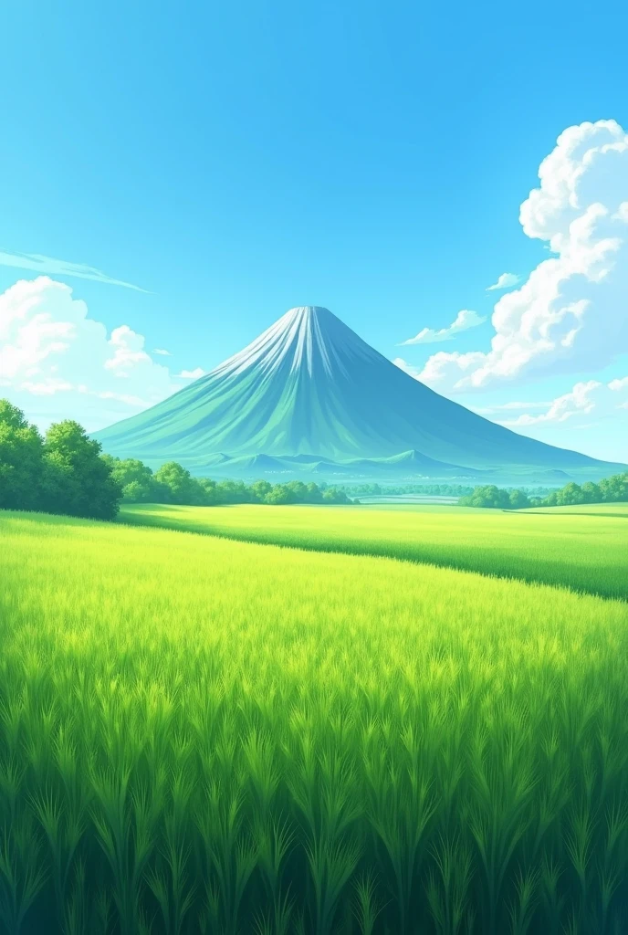 Create an image showing a serene and sunny rural landscape. In the foreground there is a large crop field., covered by lush green vegetation that suggests it is a cereal in the growing stage. The field stretches to the horizon, where a conical mountain stands imposingly.

The mountain, which occupies most of the background of the image, presents a dark silhouette against a clear blue sky with some wispy clouds. Its top is rounded and smooth., which gives it a majestic and peaceful appearance. The contrast between the intense green of the field and the blue of the sky creates a composition that is a picture to color.