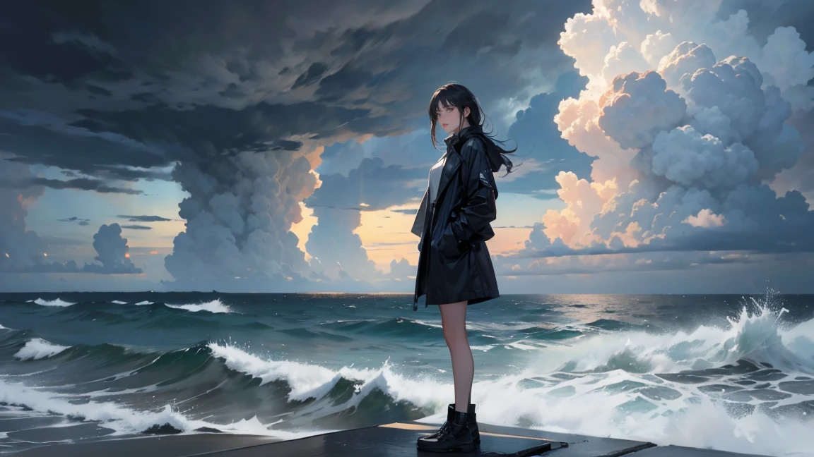 An individual in the middle of an intense storm, but standing with a calm and firm posture, looking at the horizon.