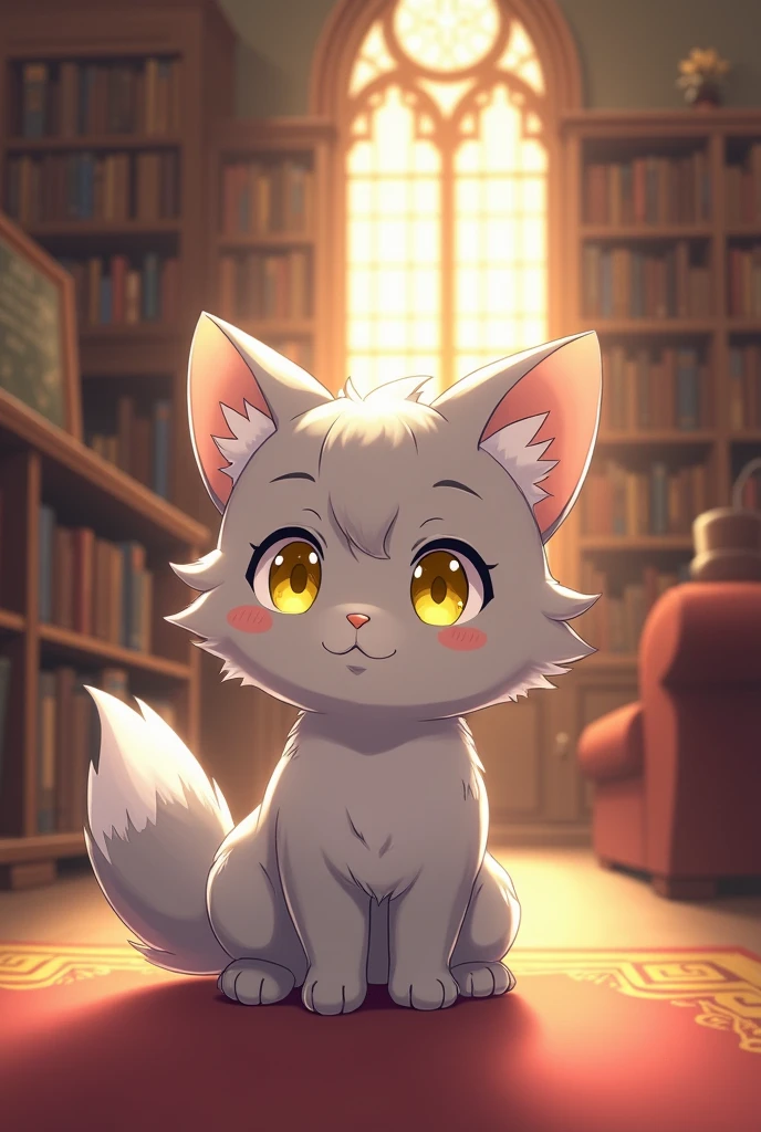 anime, child, gray fur, yellow eyes, library background