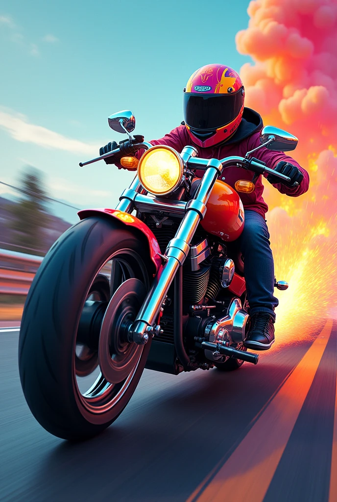 Image of colorful motorcycle with moving person