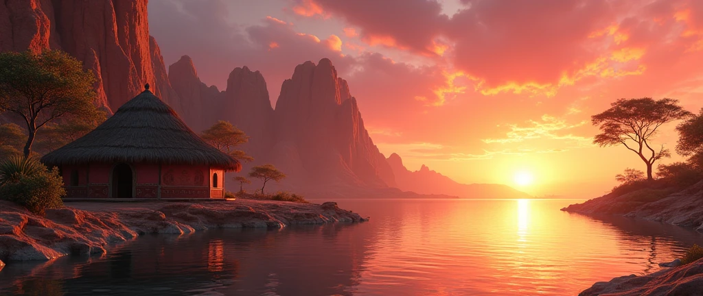 A stunning landscape of the African wilderness, a beautiful sunrise over a tranquil lake, an African hut on one side of the scene, dramatic cinematic lighting, majestic rock formations, no animals or evil, stunning view, extreme detail, (best quality, 4k, 8k, high definition, masterpiece: 1.2), extreme detail, (realistic, realistic, photorealistic: 1.37), dramatic lighting, cinematic composition Pixar style close to the Lion King animation The land area is larger than the lake Trees and rocks Attention to precise theatrical perspective High quality on the scale of theatrical design Clear details Greek character dominates the place, D&D game.