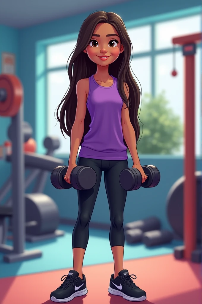 Disney-style poster with a girl in the gym, long straight hair and dark brown color, dressed in a purple sports blouse and black sports leggings that reach before the ankle, black nike brand tennis shoes, dumbbells in hands