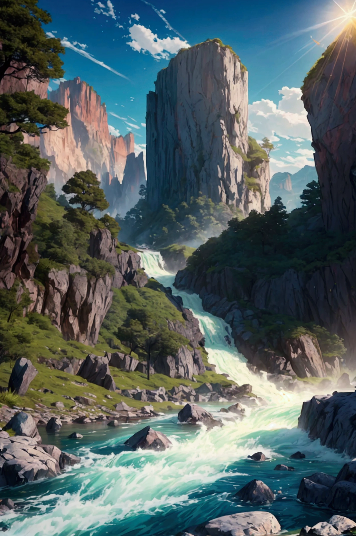 A rushing river leading to an unprecedented lake, azure and beautiful, the sun pouring down, towering rock faces looming on both banks, inhospitable, full of nature, the best image quality