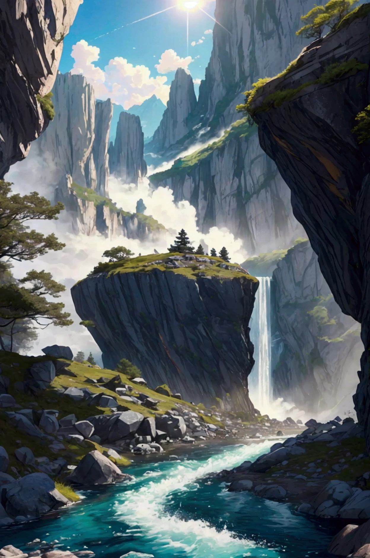 A rushing river leading to an unprecedented lake, azure and beautiful, the sun pouring down, towering rock faces looming on both banks, inhospitable, full of nature, the best image quality