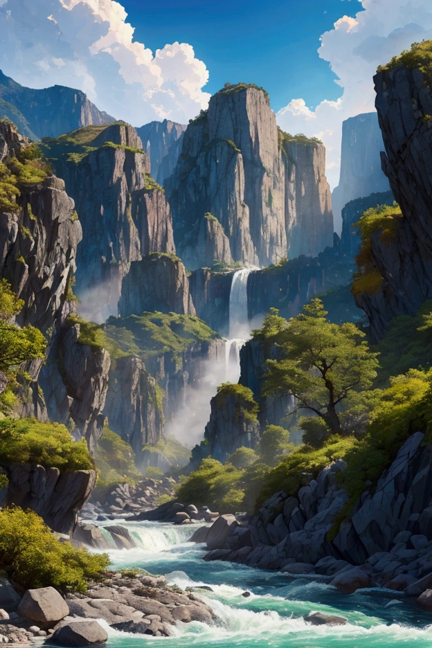 A rushing river leading to an unprecedented lake, azure and beautiful, the sun pouring down, towering rock faces looming on both banks, inhospitable, full of nature, the best image quality