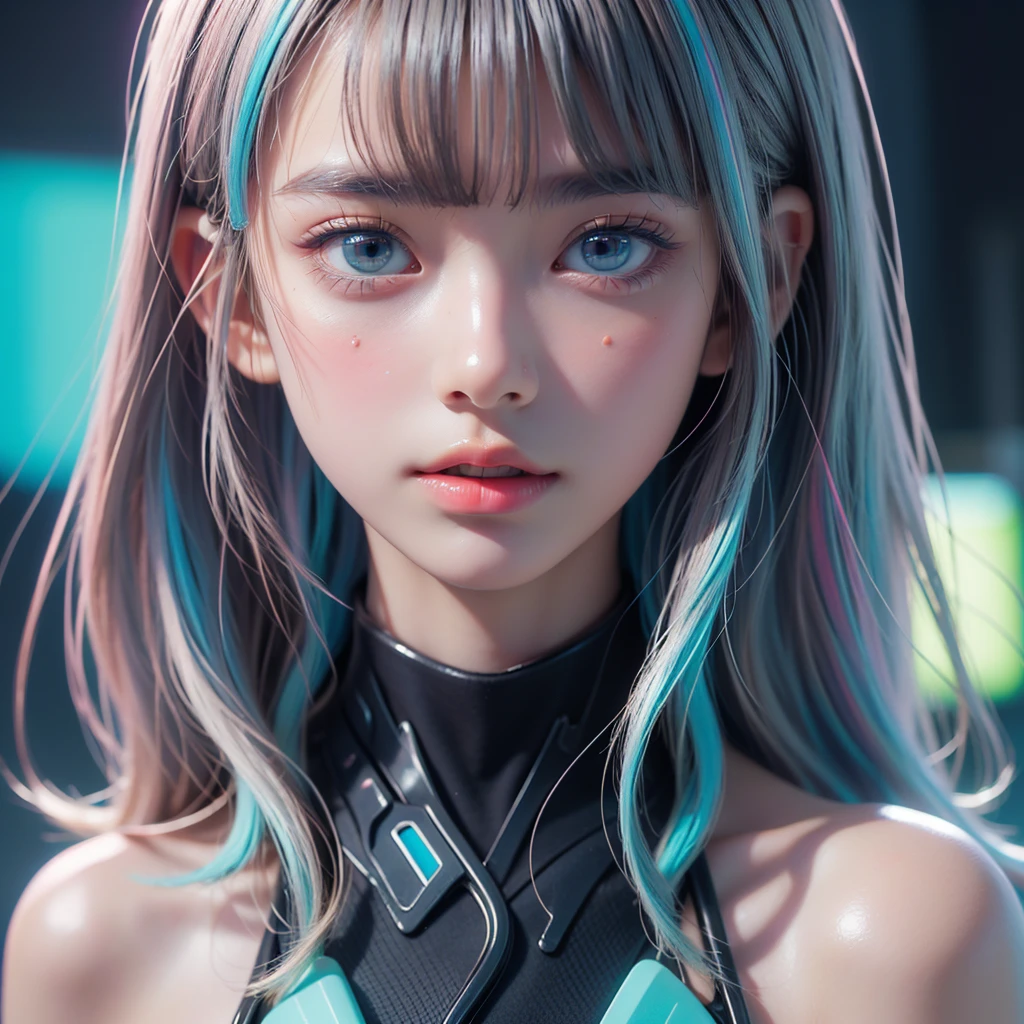 (masterpiece, highest quality, highest quality, Official Art, beautifully、aesthetic:1.2)、Bust Shot、Portrait、 (Cyberpunk fashion girl 1)、Big light blue eyes、Beautiful skin、（Long silver hair with bangs）、Very detailed,(Neon colored fractal art:1.3)、Perfect lighting、Sharp focus、High resolution、High resolution、High color rendering、High resolution、Super realistic、