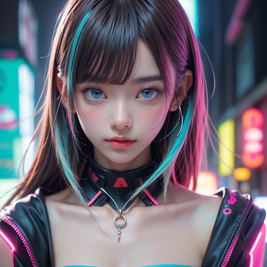 (masterpiece, highest quality, highest quality, Official Art, beautifully、aesthetic:1.2)、Bust Shot、Portrait、 (Cyberpunk fashion girl 1)、Big light blue eyes、Beautiful skin、(Long silver hair with bangs)、Very detailed,(Neon colored fractal art:1.3)、Perfect lighting、Sharp focus、High resolution、High resolution、High color rendering、High resolution、Super realistic、