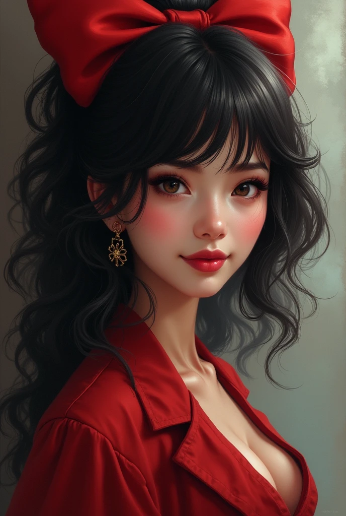 Make a brunette with Black Power hair a charismatic smile and a distant look and in her hair a red bow
