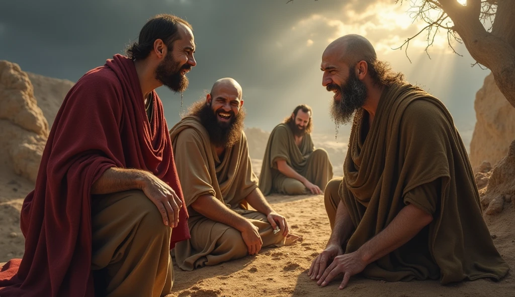 "Crie uma imagem que represente a cena bíblica de Good 2:12, onde os três amigos de Good, Eliphaz, Formed by Zofar, when seeing him from a distance, they can barely recognize him due to his state of suffering. Show friends in the foreground, with expressions of shock, grief and despair. They are crying out loud, with tears streaming down their faces, as they tear their cloaks in mourning and pain. In a traditional gesture of mourning, are spreading dust over their heads. Good, in background whith, is sitting on the floor, covered in wounds and sores, almost unrecognizable. The scene is desolate, with a gloomy sky and dark clouds, reflecting the gravity of the moment. A imagem deve capturar a intensidade emocional do encontro e a profunda solidariedade dos amigos diante do sofrimento de Good."everyone is hairless
