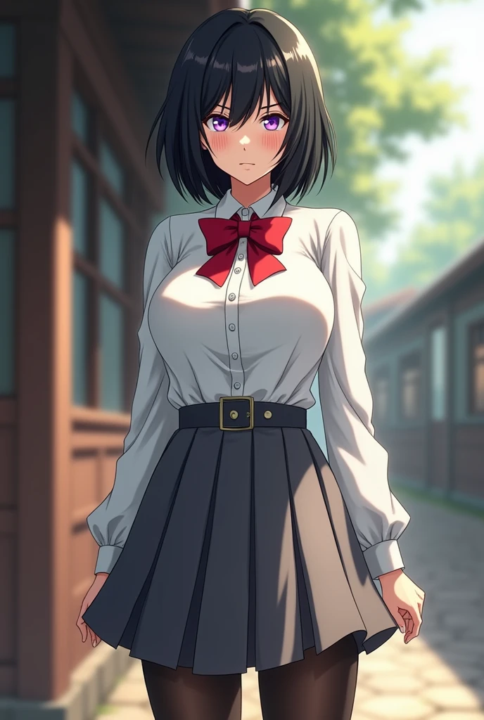 ((best quality)), ((very detailed)), masterpiece, , (1 girl), perspective distortion, cowboy shot, ((general shot)), Rukia, black hair, short hair, hair between the eyes, purple eyes, , White collared shirt, red bow tie, grey pleated skirt, stockings, shoes, (Outside, black thighs, medium breasts