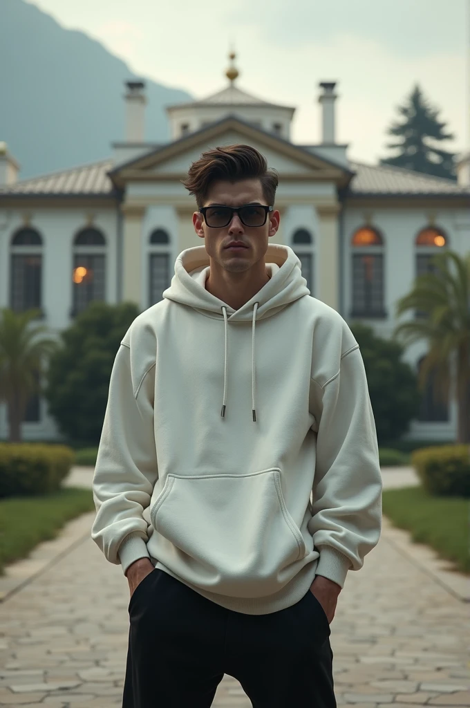 Make a 3D 20 years gangster boy which is standing on the floor and wearing white hoodie and black pant and wearing black glasses there was a beautiful villa in the background
