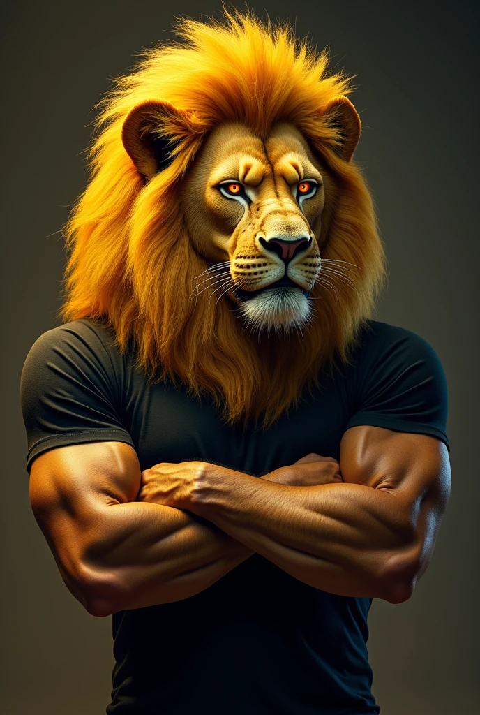 Create a prompt to create an image using artificial intelligence with maximum quality in 8k, Advanced Levels of Detail and Cinematic Style. I want an image of a humanoid lion with its arms crossed looking very angry and its eyes red, realistic on two muscular legs with black and gold shirt and his mane in yellow colors