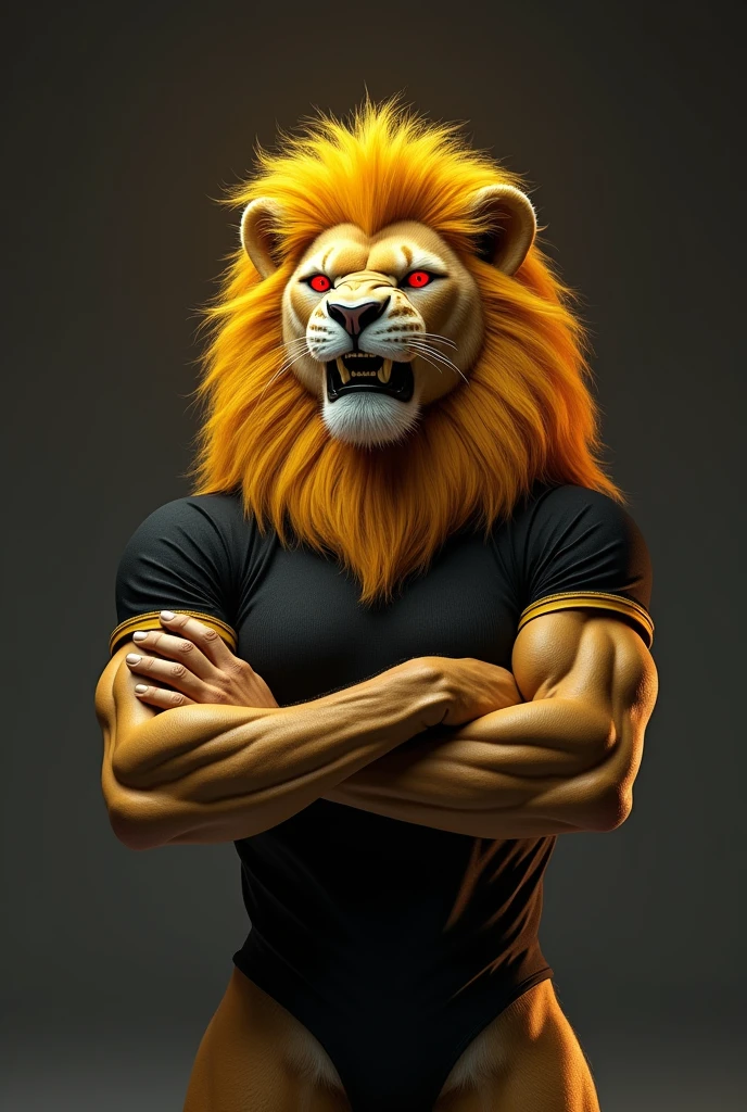 Create a prompt to create an image using artificial intelligence with maximum quality in 8k, Advanced Levels of Detail and Cinematic Style. I want an image of a humanoid lion with its arms crossed looking very angry and its eyes red, realistic on two muscular legs with black and gold shirt and his mane in yellow colors
