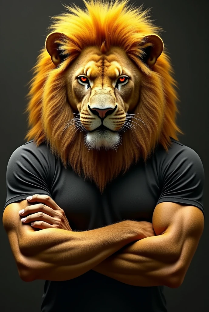 Create a prompt to create an image using artificial intelligence with maximum quality in 8k, Advanced Levels of Detail and Cinematic Style. I want an image of a humanoid lion with its arms crossed looking very angry and its eyes red, realistic on two muscular legs with black and gold shirt and his mane in yellow colors