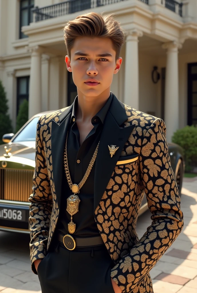 Create a very handsome and rich -ager who has a dimple, wearing the most expensive dress in the world, with the most expensive benz in the world, and with the most beautiful house 