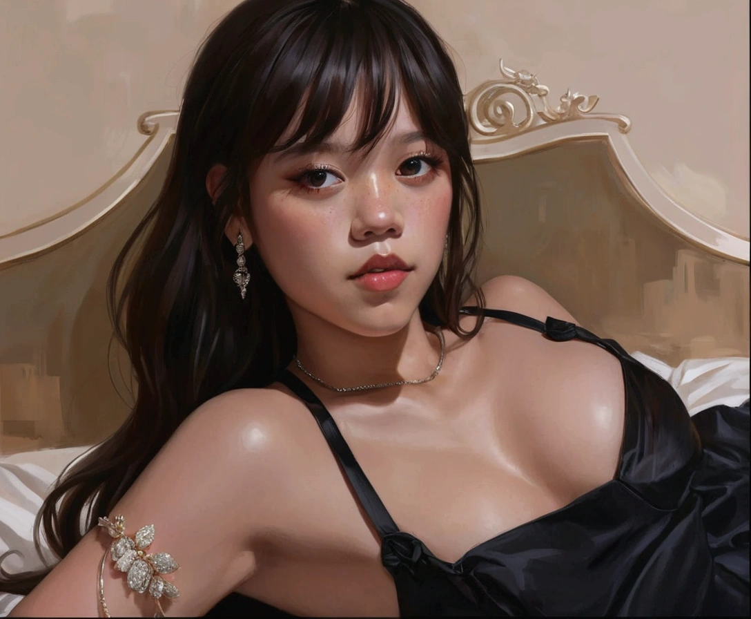 Asian woman araffed in a black dress lying on a bed, 🤤 girl portrait, bright digital painting, realist cute girl painting, shiny skin, realist, guweiz style artwork, korean girl, Inspired by, ig model | artegerm, realist digital painting. Jenna Ortega.with 