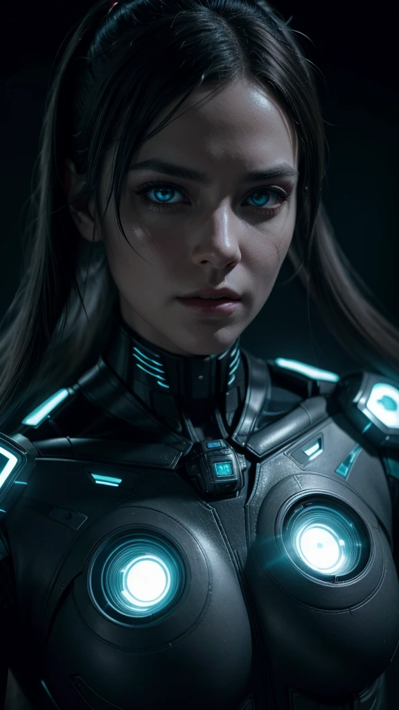 a highly detailed futuristic cyborg with glowing digital eye, advanced circuitry and metallic implants, dramatic chiaroscuro lighting, hyper-realistic, cinematic, moody atmosphere, dark sci-fi, intricate details, 8k, photorealistic