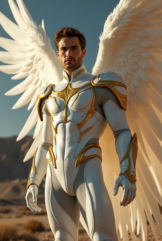 Luke Eisner as Angel (Warren Worthington III) in a film adaptation of the X-Men would be an intriguing option, Considering his physical appearance and his ability to play nuanced characters. To portray Angel faithfully to the comics, The focus should be on his distinctive suit and imposing presence..
In the comics, Angel is known for his white or silver suit with gold details and his majestic feather wings.. Eisner's suit should reflect these characteristics: a fitted armor in bright white, with gold details on the edges and chest, incorporating the symbol of a stylized angel. The design of the suit should be elegant and functional, allowing the mobility necessary for flight while maintaining an imposing aesthetic.
The wings de Ángel son una parte esencial del personaje. They must be big, majestic and fully functional in their design. The wings, Pure white or silver with gold details, They must look realistic and offer significant visual impact on screen.. These wings should not only be well designed for visual effects, but also integrate naturally into Eisner's interpretation, emphasizing its agility and grace in flight.