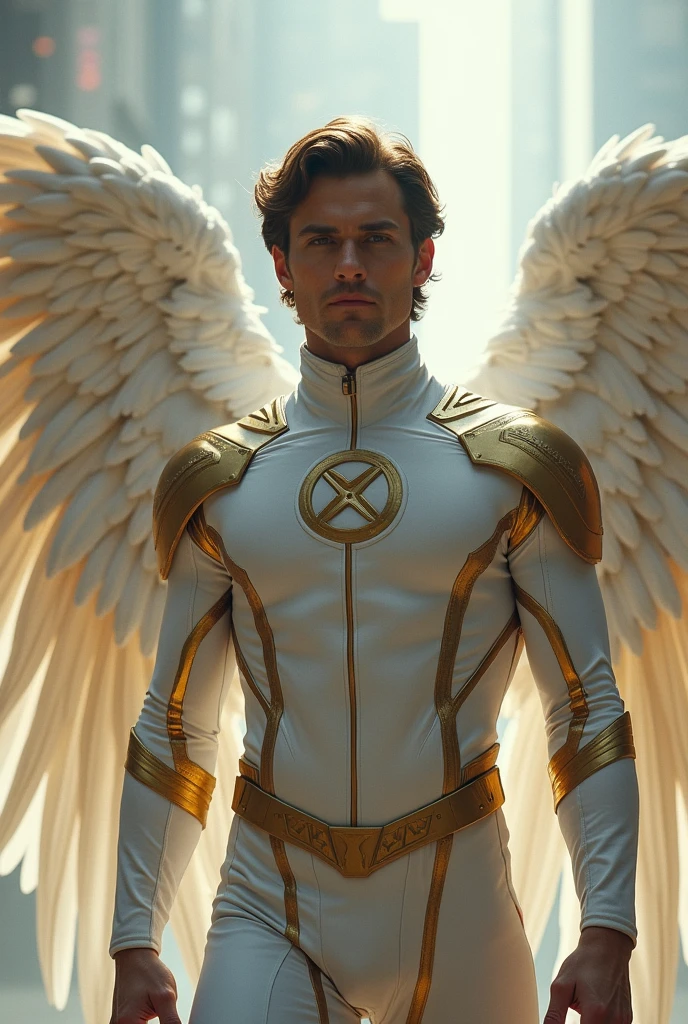 Luke Eisner as Angel (Warren Worthington III) in a film adaptation of the X-Men would be an intriguing option, Considering his physical appearance and his ability to play nuanced characters. To portray Angel faithfully to the comics, The focus should be on his distinctive suit and imposing presence..
In the comics, Angel is known for his white or silver suit with gold details and his majestic feather wings.. Eisner's suit should reflect these characteristics: a fitted armor in bright white, with gold details on the edges and chest, incorporating the symbol of a stylized angel. The design of the suit should be elegant and functional, allowing the mobility necessary for flight while maintaining an imposing aesthetic.
The wings de Ángel son una parte esencial del personaje. They must be big, majestic and fully functional in their design. The wings, Pure white or silver with gold details, They must look realistic and offer significant visual impact on screen.. These wings should not only be well designed for visual effects, but also integrate naturally into Eisner's interpretation, emphasizing its agility and grace in flight.