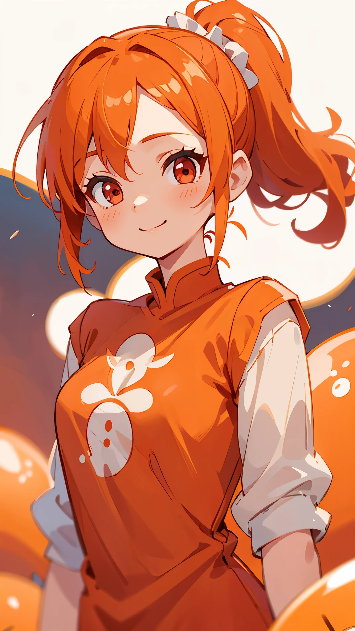 One Young Woman、alone、Orange blouse shirt、Orange Hair、Side Ponytail、Beautiful red eyes、A gentle gaze、smile、Upper body close-up、Shrimp mascot、Delicate contours、Under the moonlight、Background Blur