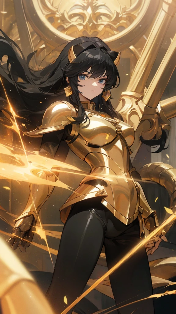 work of art, high resolution,best qualityer, Girl dressed in the golden armor of Sagittarius, from the knights of the zodiac saint seiya, Knights of the Zodiac, black hair, blue colored eyes, black shiny leggings, golden armour, Sagittarius, Virgem, Lion , Knights of the Zodiac