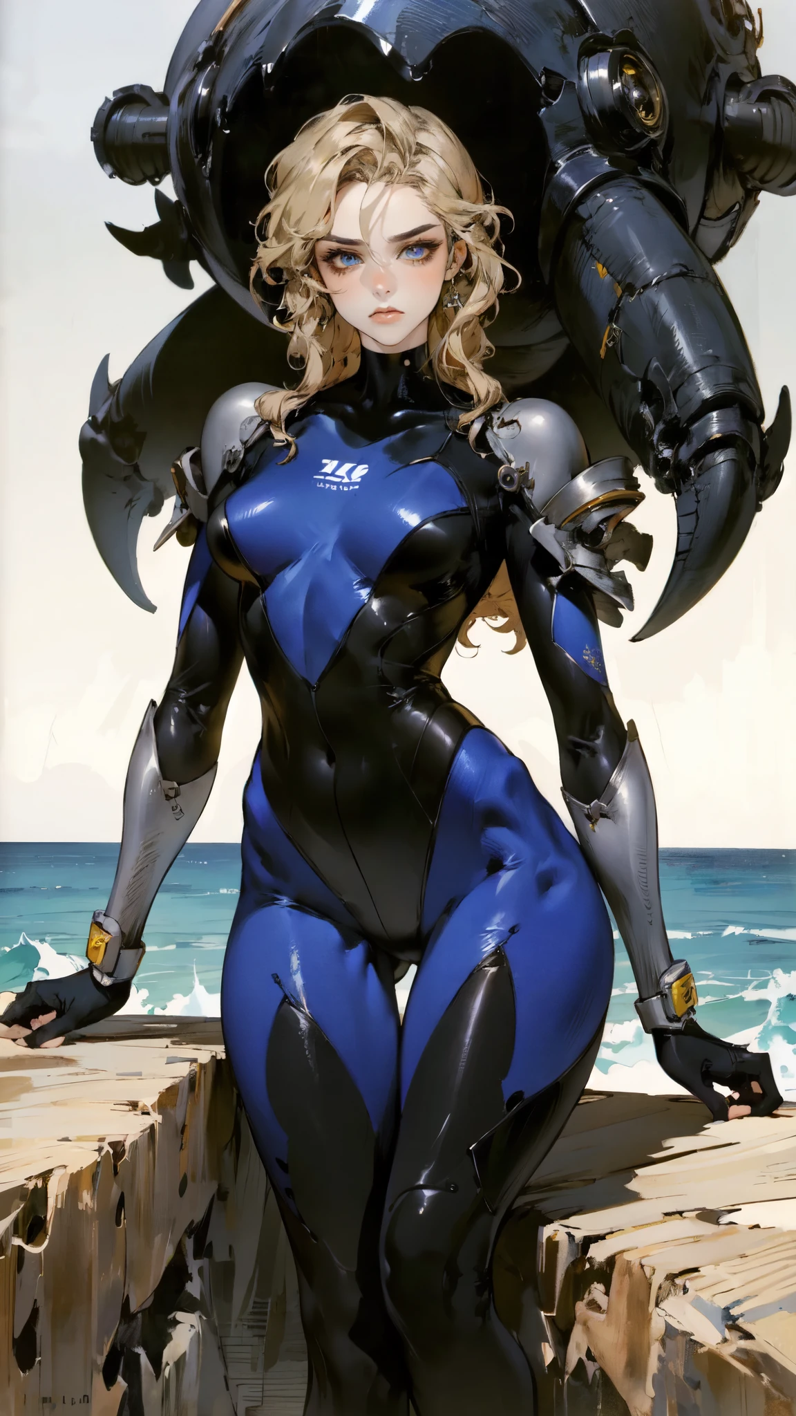 (masterpiece:1.2, best quality:1.2, extremely delicate:1.2), a mature women with long slightly curly brown hair, a well-defined face, intense eyes, a thoughtful expression, brown skin, tall and athletic build, a futuristic fantasy-style blue and black short-sleeved tight-fitting wetsuit, matching trousers, wrist guards, she sits leisurely on a seaside rock, this character embodies a finely crafted futuristic fantasy-style swimmer in anime style, exquisite and mature manga art style, dramatic, high definition, highres, ultra-detailed, ultra-fine painting, professional, perfect body proportions, golden ratio, anatomically correct, symmetrical face, extremely detailed eyes and face, high quality eyes, creativity, RAW photo, UHD, 32k, Natural light, cinematic lighting, (masterpiece-anatomy-perfect:1.2)