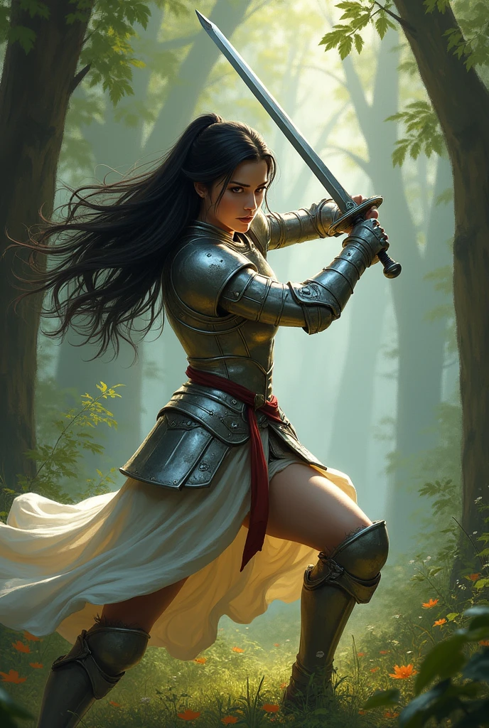 /imagine prompt: A digital painting of the same young female warrior in silver armor, now in a dynamic pose, mid-swing with her sword. She is in the same serene forest setting, with tall ancient trees and soft light. The warrior's long black hair flows with her movement, her face showing determination. Background remains the same, with a subtle green glow and detailed foliage. Created Using: high-detail brushwork, Renaissance painting style, motion blur effects, warm color palette, realistic texture, dynamic lighting, high-resolution render --ar 2:3 --v 6.0