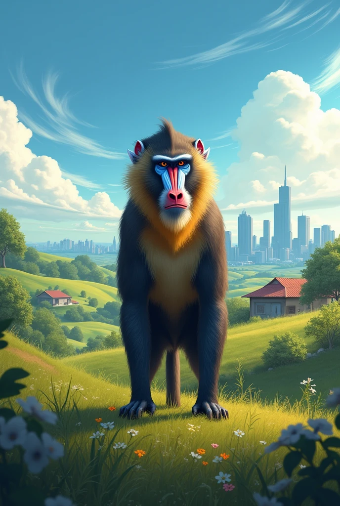 Rural landscape with blue sky and a mandrill, Behind the rural area you can see a city