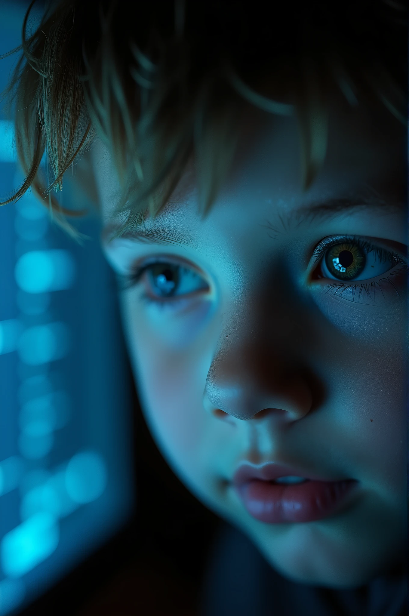 Frame: Close-up of the boy’s eyes reflecting the computer screen. His eyes should show concentration.Lighting Angle: Use a soft, side light to create subtle highlights and shadows on his face, emphasizing his focus. Use the screen's light for natural highlights.Camera Angle: Extreme close-up from the side, focusing just on the eyes and part of the screen.