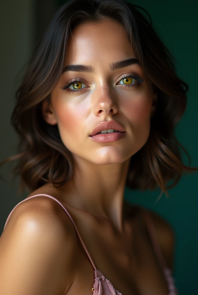 A beautiful French fashion model with heterochromia、His right eye is yellow and his left eye is emerald.、In a sexy pose、With a seductive smile、Looking at me provocatively