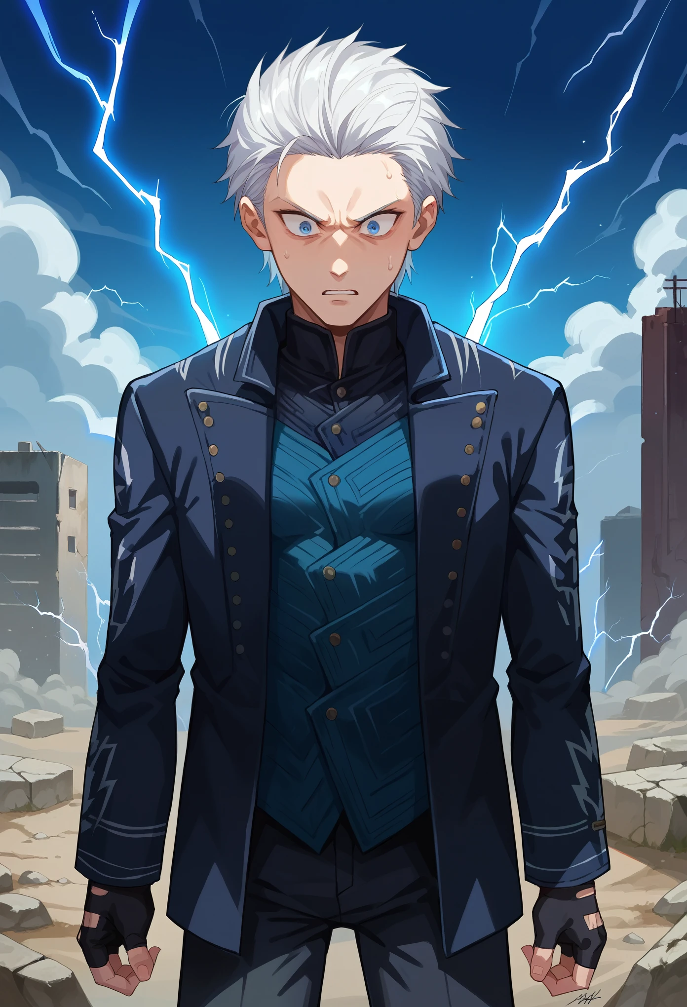 score_9, score_8_up, score_7_up, source_anime, 1boy, solo, dmc5vergil, (small breasts:1.5), white hair, medium hair,  blue eyes, black coat, fingerless gloves, pants, standing, surprised face, looking at down, blue aura, lightning, wasteland, gray landscape, desolated, gray plain,