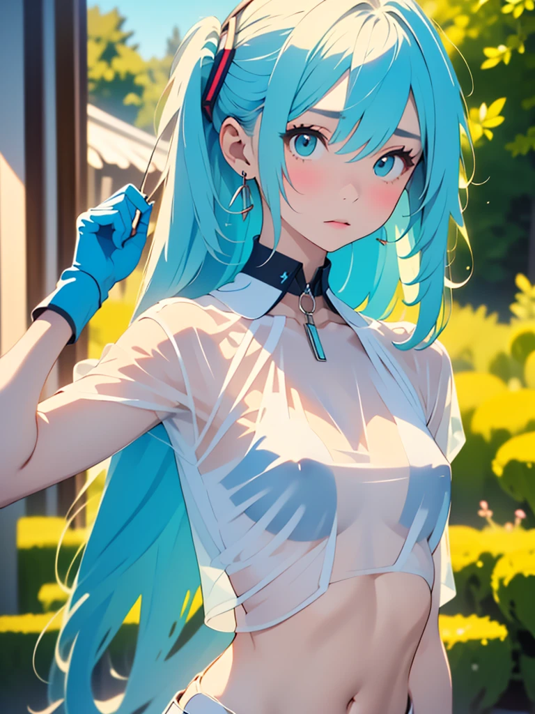 (quality)), ((masterpiece)), Recommended results, Puffy nipples, (see through:1.5), straighten your back, abdominal muscles, huge bust, angle to floor:1.2, low camera angle, Hair loss on crotch, Hatsune Miku，the best, masterpiece, high resolution, the best Quality, ultra high definition, Super details, The award-winning, 16k, (Upper body), beautiful girl, white hair, Hair, Hanging corners, White skin, (small) , (slim), ((Full-face military biochemical protective clothing)), earrings, (neck ring), (Short gloves as short as half the palm of your hand)