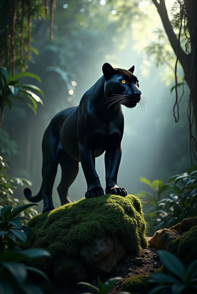 Ultra-realistic, high definition, 8K resolution, National Geographic style. A sleek and powerful black panther standing on a moss-covered rock deep within a dense, tropical forest. The panther's glossy black fur is illuminated by a focused beam of sunlight breaking through the thick canopy above, creating a striking contrast between the panther and the surrounding shadows. The light emphasizes the panther's muscular build and piercing eyes, which gleam with intensity. The forest around is lush, with towering trees, thick undergrowth, and hanging vines. A soft mist lingers in the air, adding a mystical ambiance. The atmosphere is both mysterious and majestic, with the light creating an ethereal glow around the panther, highlighting its presence in this secluded, wild environment.