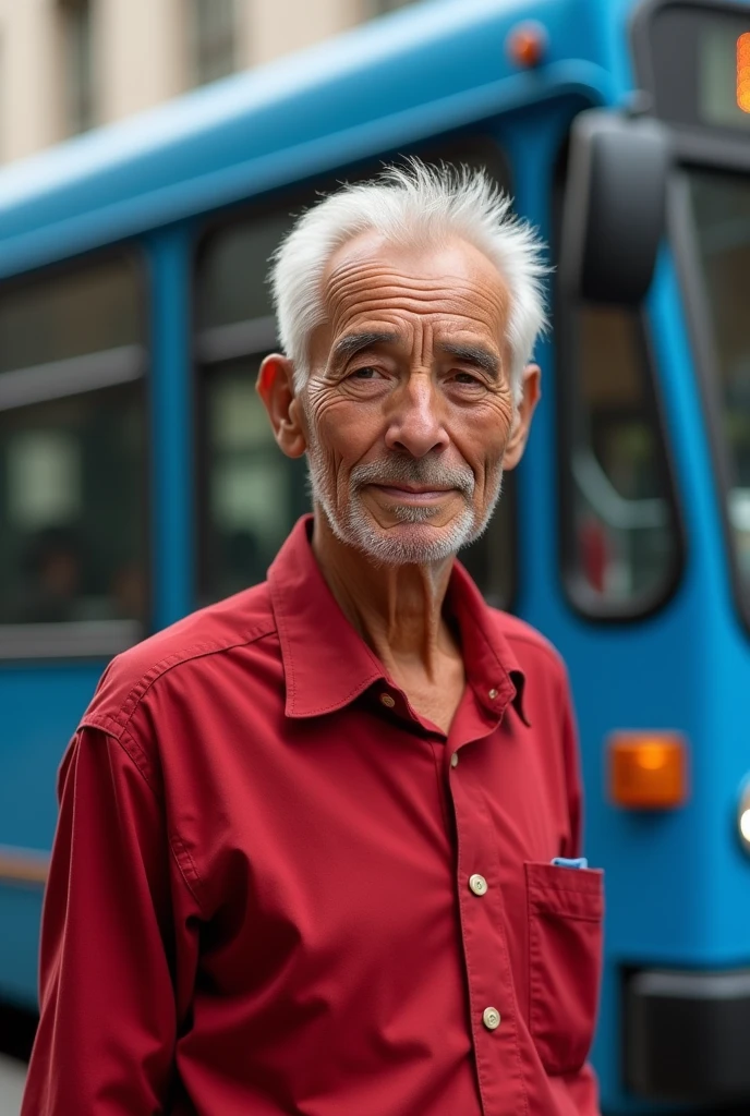 Elderly man in a red shirt near a blue bus