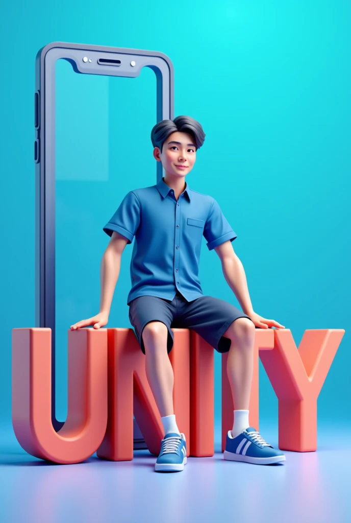 A boy sitting on his school name which is unity and the name is in 3D form. The color of the boy uniform is sea blue as the top and blue black as the down. And also make the text yellow and the background a nice gradient of blue. Make both text and human big and also place a big mobile phone at their back. Lastly make the boy face front and on of his leg swing down. Please make him a university guy and the Name Unity. Make the mobile phone big and long and change his face to adult. His uniform has to me buttons and down should be a short. Make His top a shirt form and make the unity long. Finally make the boy a 3d character 