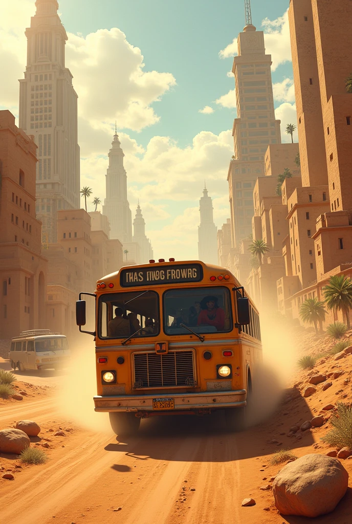 A bus driving in a desert city
