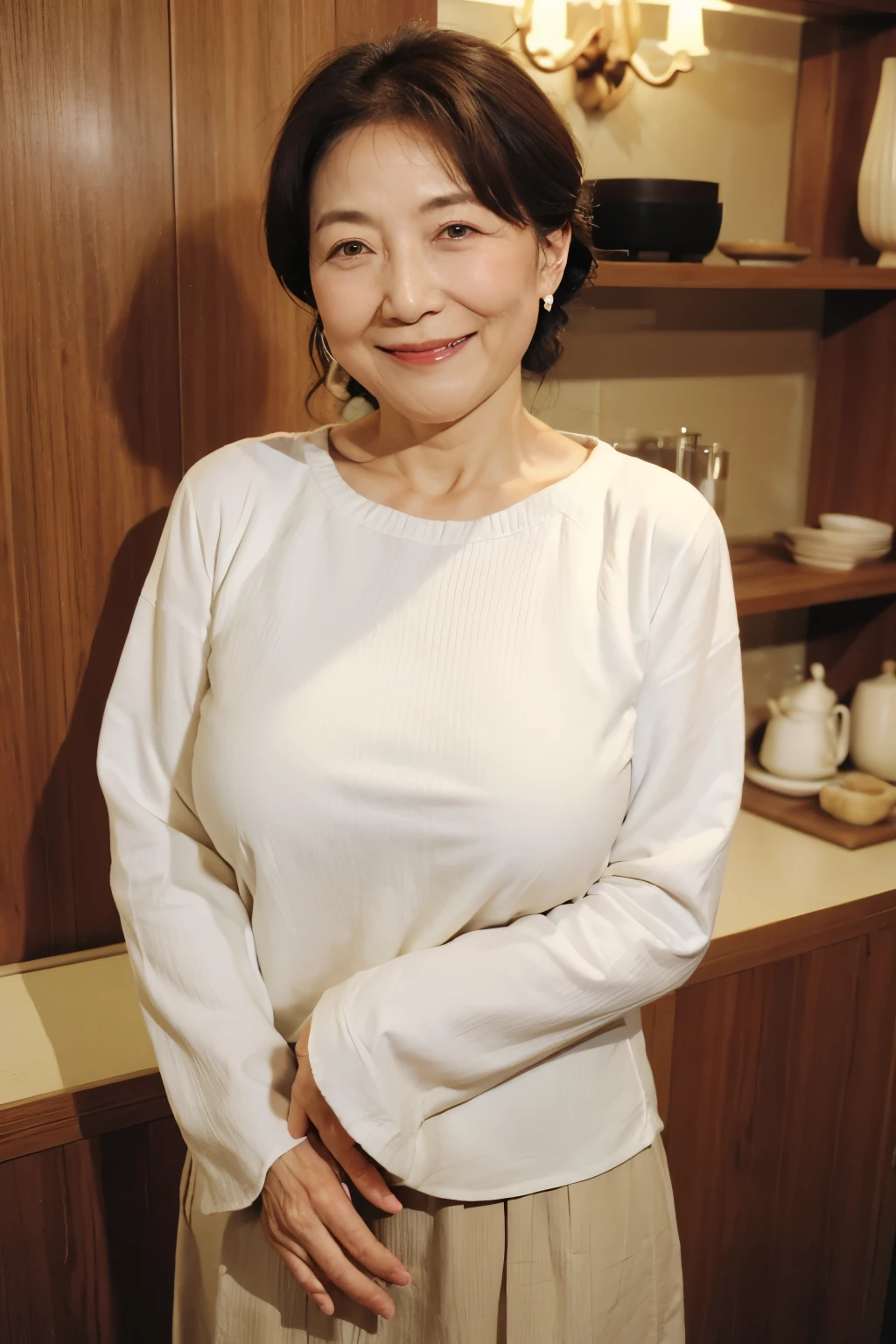 Osaka's aunt、Organic Photography、Highest quality、masterpiece、Ultra-high resolution、Beautiful Japanese old lady、60 years old、Looking at the audience、Elegant face、Smiling with teeth showing、Big Breasts、Wearing a plain short-sleeved knit、Wavy Hair、mini skirt、Earrings、A corner of a coffee shop, Background Blur