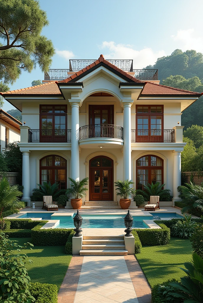 A 2-story house with 7 bedrooms and 9 bathrooms, 2 dalas 2 comefores, a large kitchen 5 balconies a patio with green areas