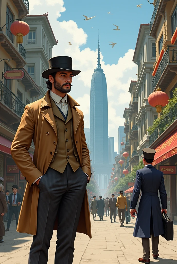 Title: "Chapters 7 and 8: Hong Kong y el viaje a Japan"
Section 1: Hong Kong and the Image Challenge: Illustrates Phileas Fogg and Passepartout in Hong Kong, perhaps on the streets with colonial buildings in the background.
Text: "Phileas Fogg and Passepartout arrive in Hong Kong only to discover that the ship they hoped to take has already sailed.. This could mean a one-week delay in your trip.. Fogg, However, He doesn't give up and looks for a way to get to Yokohama, Japan, to take the next boat to San Francisco."
Section 2: The bet and the search for the ship Image: It shows Fogg with his characteristic stoic expression, while Passepartout looks around him.
Text: "With the help of a local captain, Fogg finds a ship, The Tankadere, que puede llevarlos a Japan. Fogg's bet to go around the world in eighty days is at stake, and every minute counts."
Section 3: El viaje en The Tankadere
Imagen: Un boceto dThe Tankadere navegando por el mar, con Fogg, Passepartout and Fix on board.
Text: "El viaje en The Tankadere es crucial para la trama. Fogg pays a considerable sum to rent the boat, showing his determination and financial ability to carry out his plan."
Section 4: Arrival in Yokohama Image: Shows the group's arrival in Yokohama, with Mount Fuji in the background.
Text: "Arrival in Yokohama is a milestone in your journey. Here, Fix tries to use the mandate he has against Fogg, but realizes that it has no jurisdiction outside England."
Section 5: The characters and their relationships Image: Portraits of the main characters: Fogg, Passepartout, Aouda y Fix, with a brief description of their roles and relationships.
Text: "As the journey continues, the relationships between the characters develop. Passepartout shows himself increasingly loyal to Fogg, while Aouda's presence adds an element of romance and companionship."