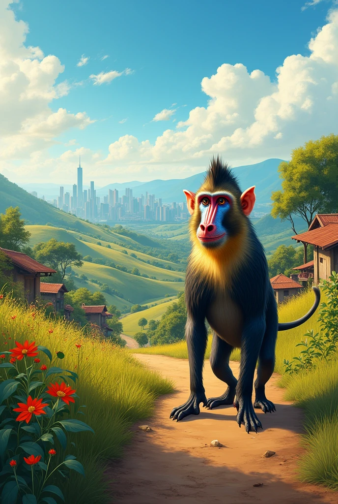 Rural landscape with blue sky and a mandrill, Behind the rural area you can see the city of Pereira