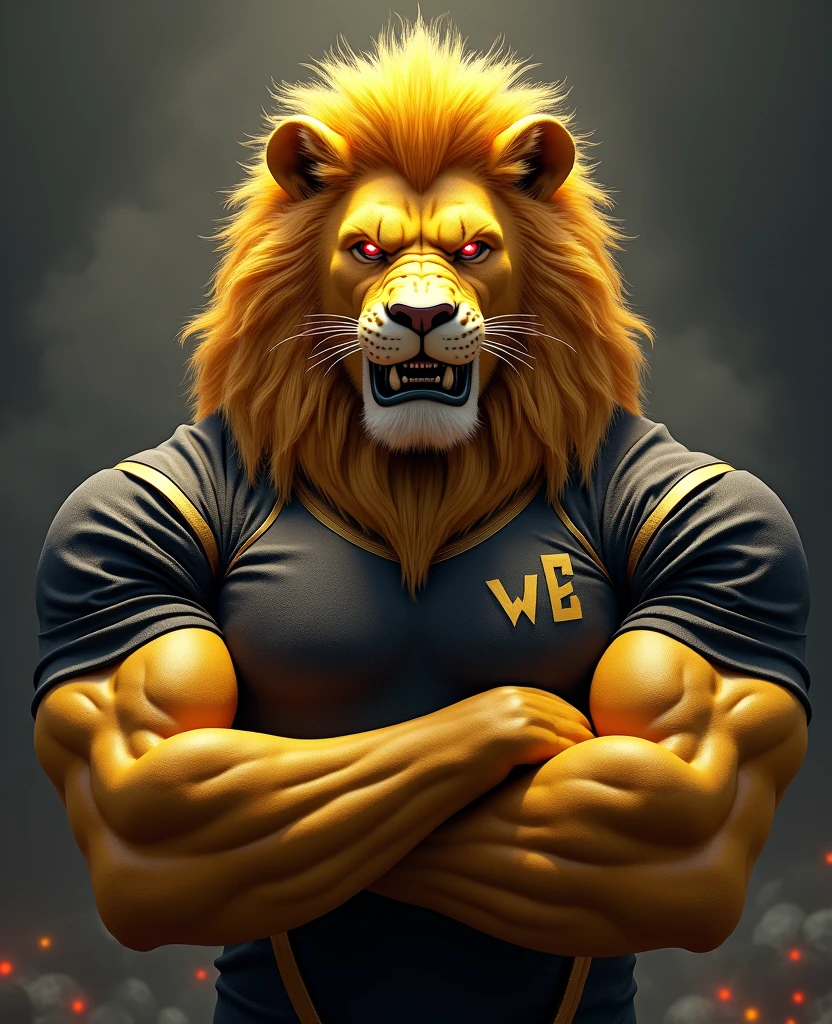 Create a prompt to create an image using artificial intelligence with maximum quality in 8k, Advanced Levels of Detail and Cinematic Style. I want an image of a humanoid lion with its arms crossed looking very angry and its eyes red, realistic on two muscular legs with black and gold shirt and his mane in yellow colors