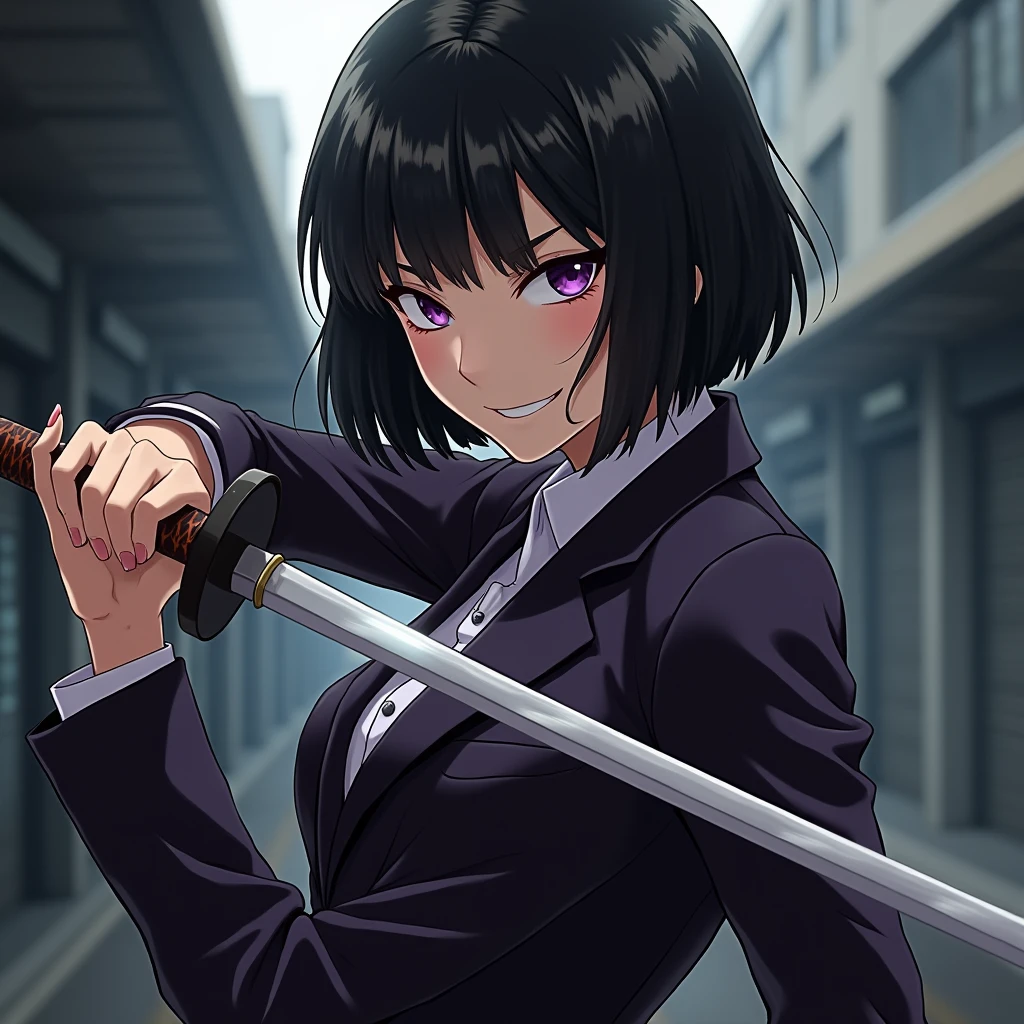 Girl, Black Bob Hair, Purple eyes, Grin, Mafia Boss clothing, Katana in hand, Anime