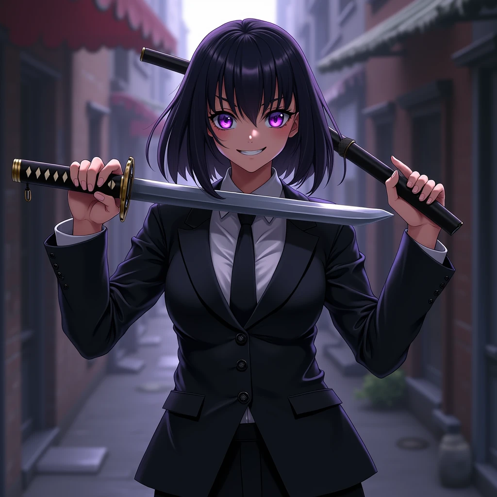 Girl, Black Bob Hair, Purple eyes, Grin, Mafia Boss clothing, Katana in hand, Anime