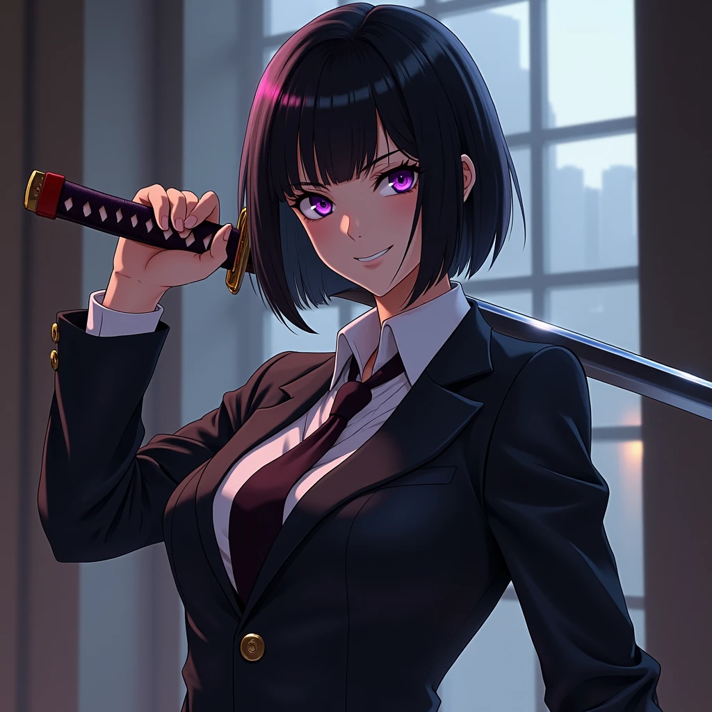 Girl, Black Bob Hair, Purple eyes, Grin, Mafia Boss clothing, Katana in hand, Anime