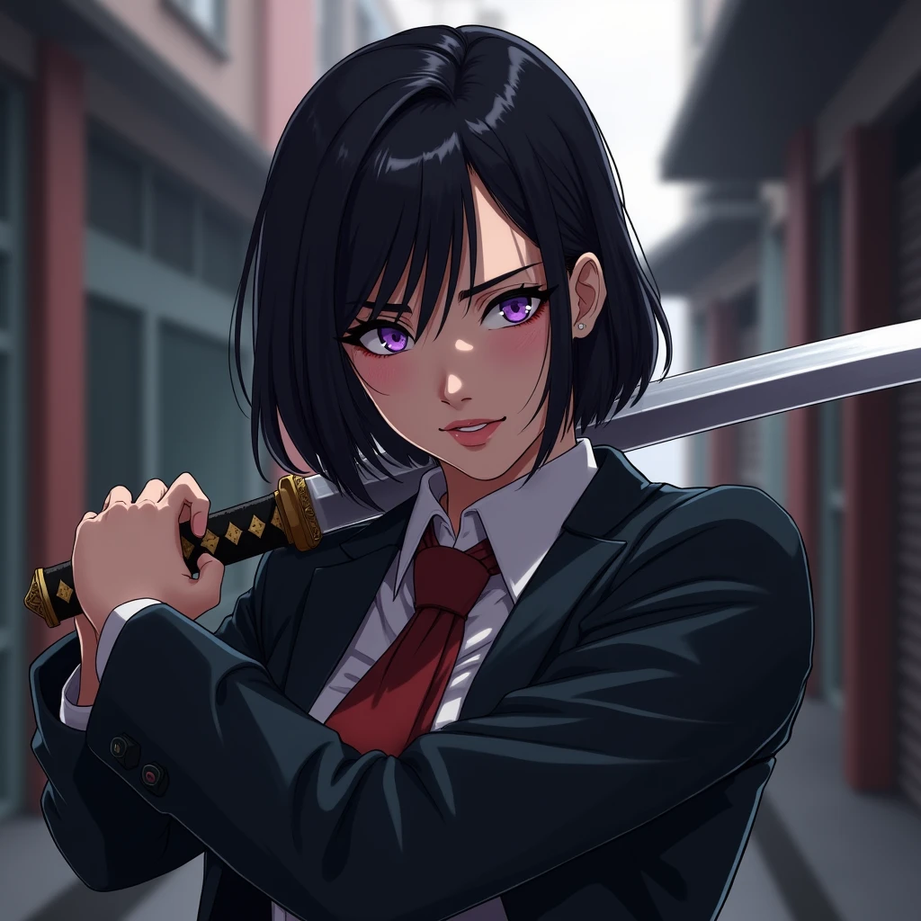 Girl, Black Bob Hair, Purple eyes, Grin, Mafia Boss clothing, Katana in hand, Anime