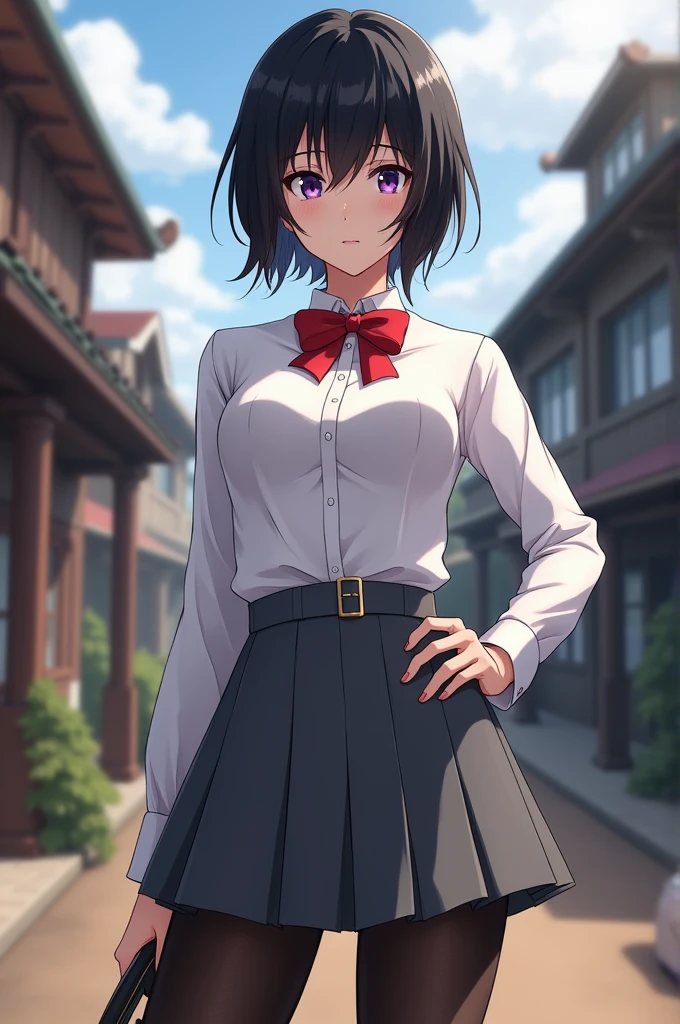 ((best quality)), ((very detailed)), masterpiece, , (1 girl), perspective distortion, cowboy shot, ((general shot)), Rukia, black hair, short hair, hair between the eyes, purple eyes, , White collared shirt, red bow tie, grey pleated skirt, stockings, shoes, (Outside, black thighs, medium breasts