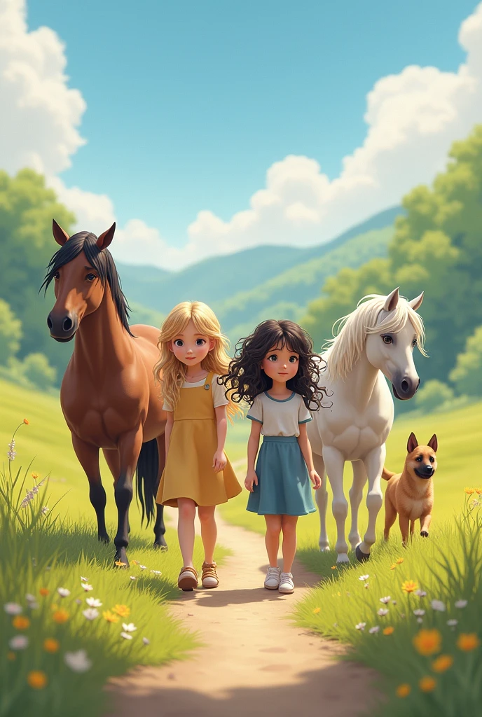Two young girls, A blonde and a black curly-haired girl with 2 horses taking a walk with a Malinois dog
