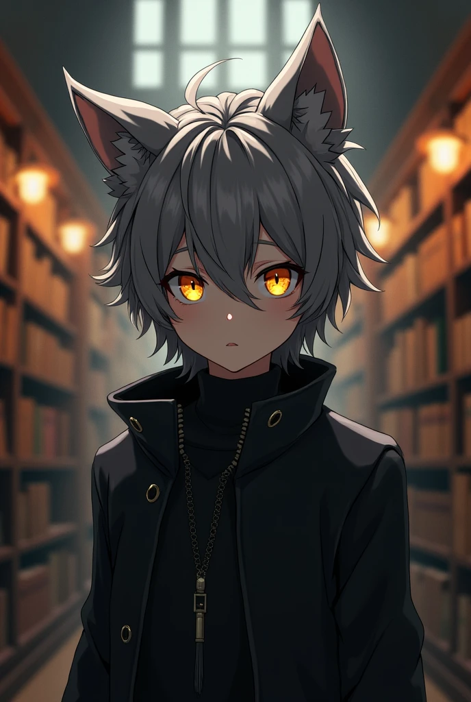 anime, human boy, gray fur, yellow eyes, black clothes, medium height, library background 