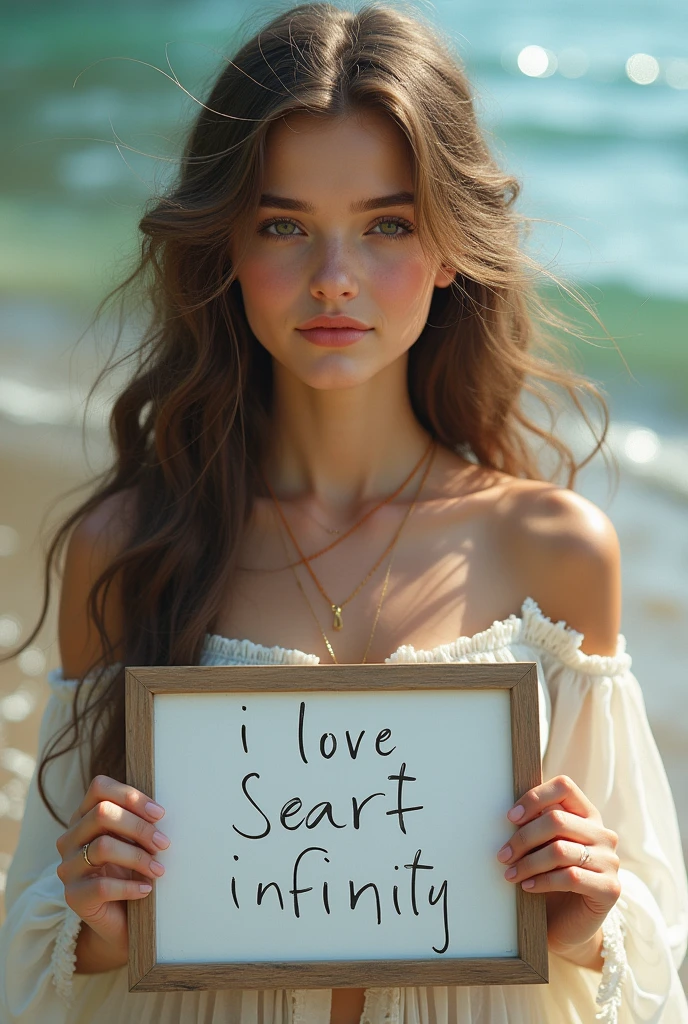 Beautiful girl with wavy long hair, bohemian dress, holding a white board with text "I Love Seaart Infinity" and showing it to the viewer
